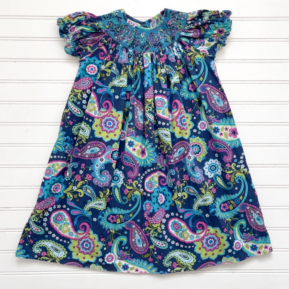EUC Hand Smocked Colorful Paisley Floral Heirloom Bishop Dress
